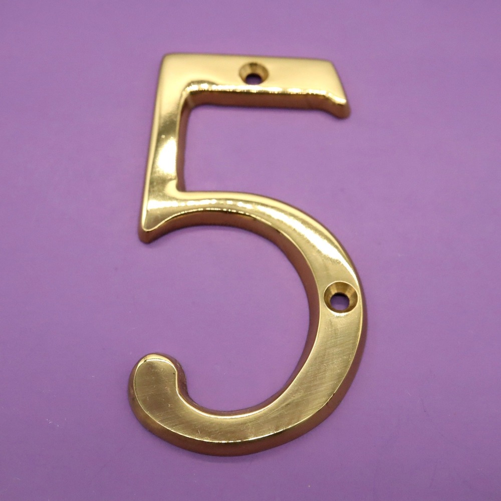Number 5 Five Polished Brass 4" House Number w/Hardware Wall Mount Post Address